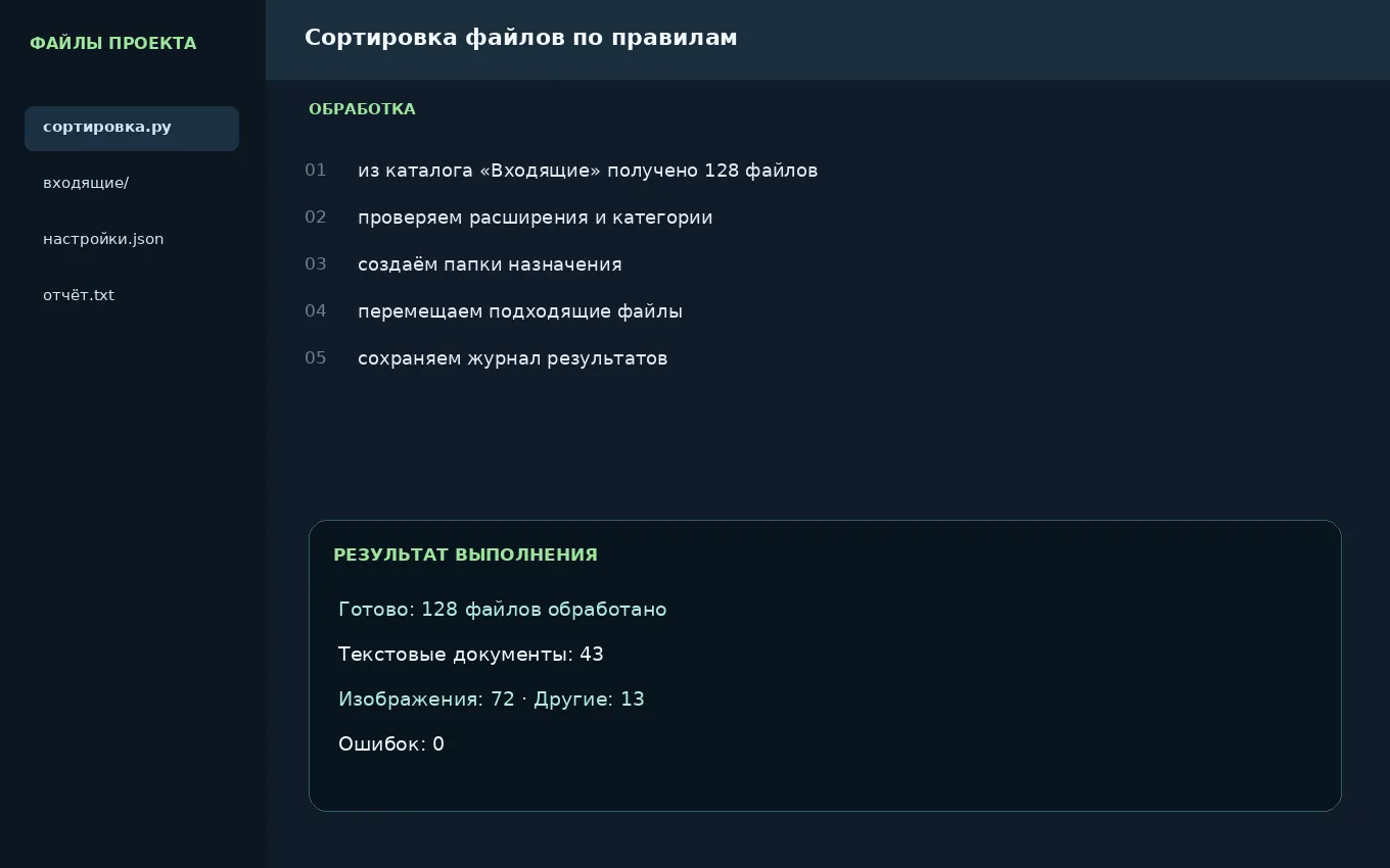 Сортировка файлов по правилам: разработанный демонстрационный макет
